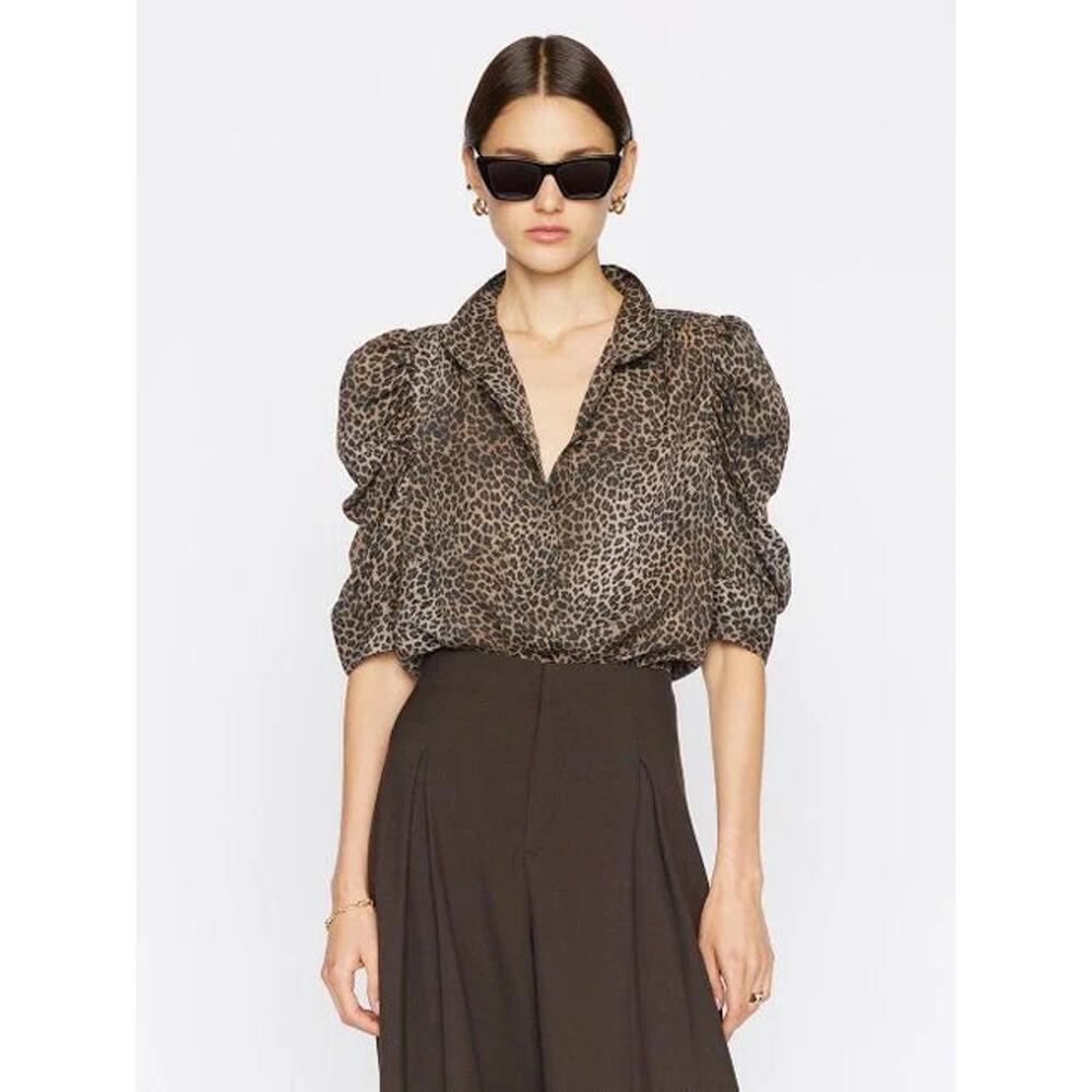 NWT FRAME Annabelle Animal Print 100% Silk Puff Sleeve Blouse Top Brown Small